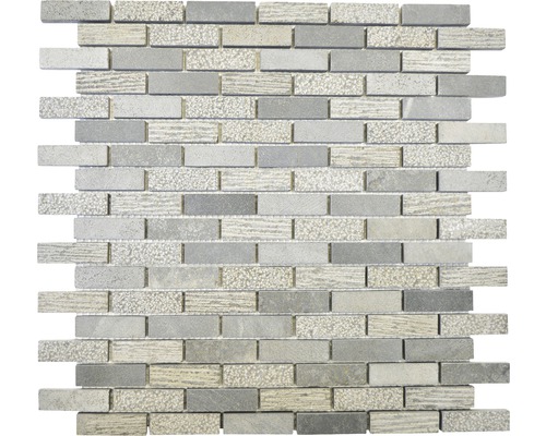 Natursteinmosaik Marmor XNC B49 30,5x30,5 cm grau Mosaikfliese mit rechteckigen Steinen in unterschiedlichen Oberflächen