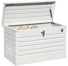 Geöffnete weiße Gartenbox zur Aufbewahrung von Gartenartikeln