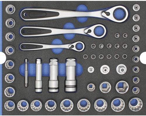 Moduleinlage Industrial Durchsteck-Steckschlüssel Garnitur Größe L, 51-tlg. Sortiment an Ratschen, Steckschlüsseln und Bits im Werkzeugkasten