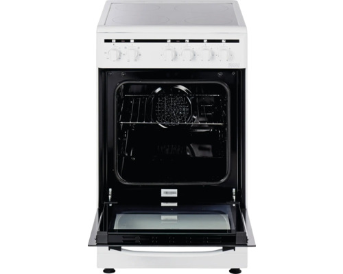 Weißer Elektroherd mit geöffneter Ofentür und Bedienknöpfen auf der Oberseite