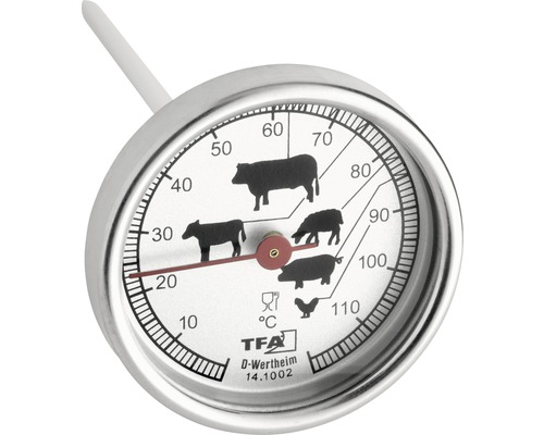 TFA Dostmann Bratenthermometer Fleischthermometer Ofenthermometer Grillthermometer analog Ø 51 mm Teperaturbereich 10-110 °C hitzebeständig verschiedene Garstufen Edelstahl Fleischthermometer mit Anzeige für verschiedene Fleischsorten