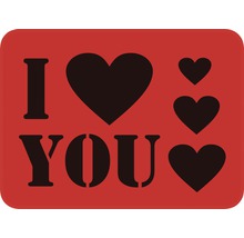 Schablone mit dem Schriftzug ''Ich liebe Dich'' und Herzmotiven