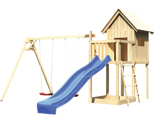 Holzspielplatz mit Schaukel, Rutsche und Spielhaus