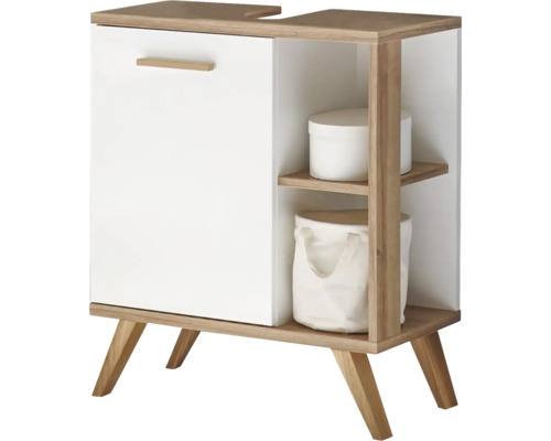 Waschbeckenunterschrank Pelipal Noventa 65x60,5x33 cm ohne Waschbecken weiß/eiche Waschbeckenunterschrank mit einer Tür und offenen Regalen.