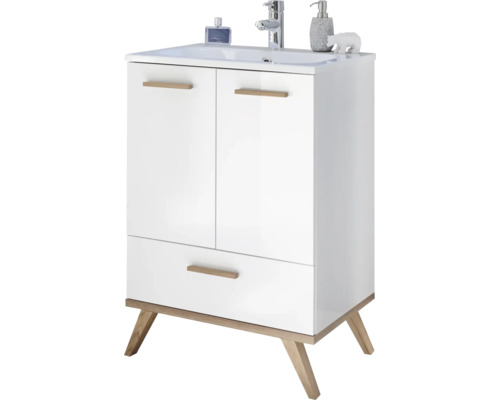 Waschbeckenunterschrank Pelipal Noventa 87,5x60,5x46 cm ohne Waschbecken weiß/eiche Weißer Waschtischunterschrank mit zwei Türen, einer Schublade und Holzgriffen