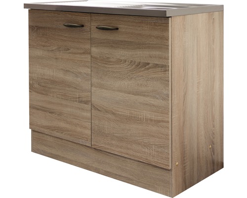Spülenunterschrank Flex Well Oslo Sonoma Eiche 100x85x50 cm inkl. Einbauspüle Waschbeckenunterschrank mit zwei Türen und Griffen