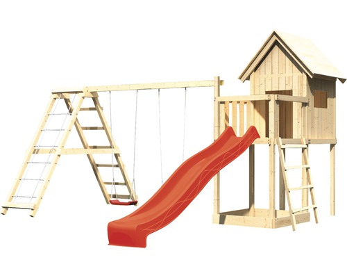 Spielturm mit Rutsche, Schaukel und Leiter aus Holz