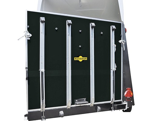 Humbaur Hecktüre Dreh- und schwenkbar für Trolly Cattle 1500 mm x 1700 mm x 18 mm Heckansicht eines Pferdeanhängers mit Humbaur Logo