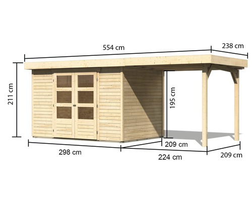 Abmessungen eines Gartenhauses aus Holz mit Carport