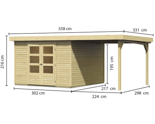 Holz Gartenhaus mit Carport und Maßangaben