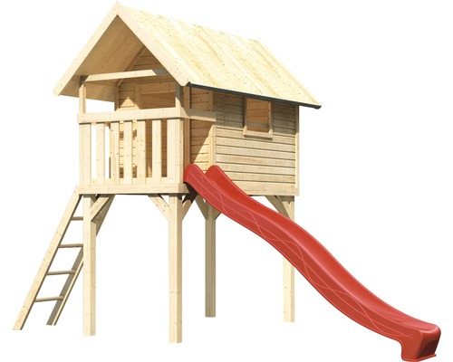 Spielhaus aus Holz mit Rutsche und Leiter