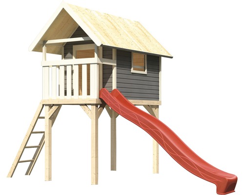 Spielhaus aus Holz mit Rutsche und Leiter