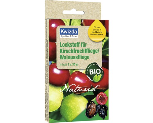 Bio Kirschfrucht- & Walnussfliegen-Lockstoff für Universalfalle Naturid, 2x30 g Kwizda Lockstoff für Kirschfruchtfliege und Walnussfliege, 2 mal 30 Gramm, mit Bio Siegel