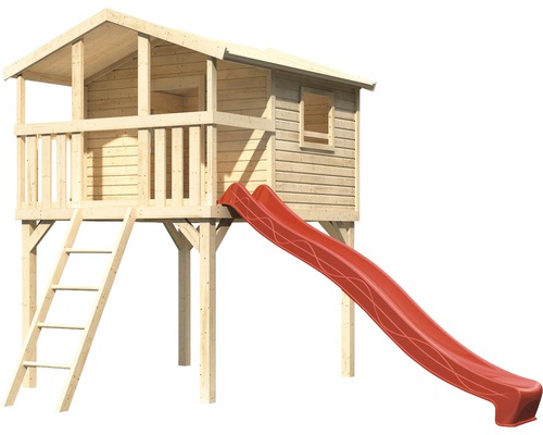 Spielhaus aus Holz mit Rutsche und Leiter