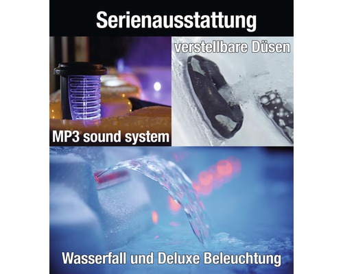 Ausstattung mit MP3 Soundsystem, verstellbaren Düsen und Wasserfall mit Deluxe Beleuchtung.