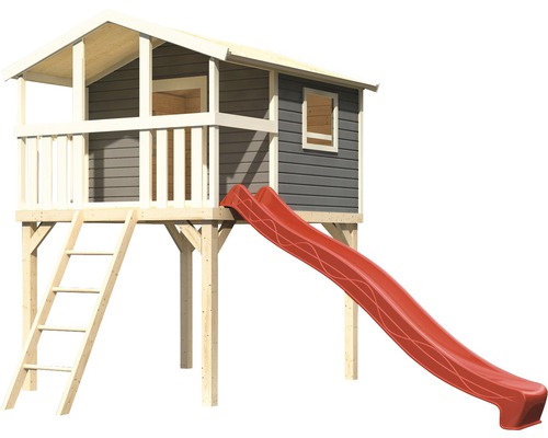 Spielhaus aus Holz mit Rutsche und Leiter