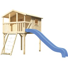 Spielhaus aus Holz mit Rutsche und Kletternetz