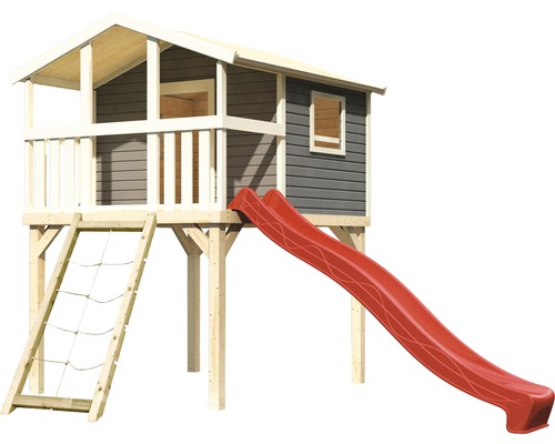 Spielhaus mit Rutsche und Kletternetz für den Außenbereich