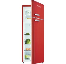 Roter Retro-Kühlschrank von Wolkenstein mit geöffneter Tür, gefüllt mit Lebensmitteln