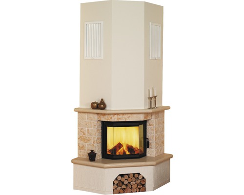 Kaminbausatz Hark Vermont Marmor classico-beige 8 kW Eckkamin mit Holzfach und Glasfront