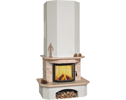 Kaminbausatz Hark Aspen Marmor classico-beige 8 kW mit Holzfach Kamin mit Holz und Dekoration