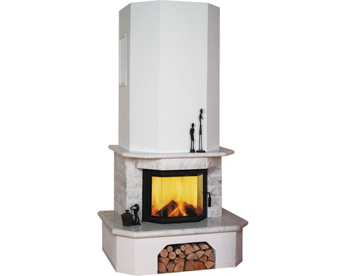 Kaminbausatz Hark Aspen Marmor naturweiß 8 kW mit Holzfach Kaminofen mit Holzfach und Feuer im Brennraum