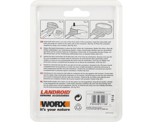 Verpackung mit Anweisungen für Kabelverbinder von LandRoid und Worx
