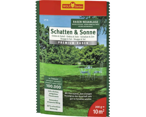 Rasensamen WOLF-Garten 'Premium Schatten-Sonne' 0,2 kg / 10 m² Wolf Garten Schatten und Sonne Rasenmischung, geeignet für die Neuanlage von Rasenflächen