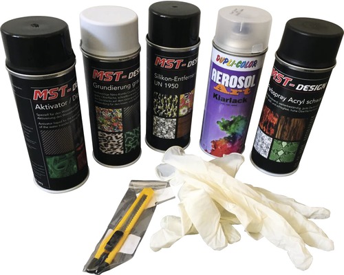 Sprühdosen, Cutter und Handschuhe für die Oberflächenbeschichtung