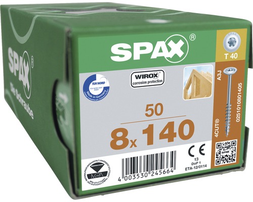 Spax Holzschraube Wirox Tellerkopf T40 Holz-Teilgewinde 8x140mm, Box 50 Stück Packung mit 50 Spax Schrauben, 8x140 Millimeter