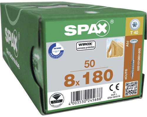 Spax Holzschraube Wirox Tellerkopf T40 Holz-Teilgewinde 8x180mm, Box 50 Stück Verpackung Spax Schrauben 8x180 Millimeter