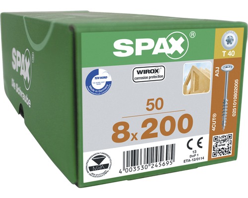 Spax Holzschraube Wirox Tellerkopf T40 Holz-Teilgewinde 8x200mm, Box 50 Stück Spax Schrauben 8x200 mm, 50 Stück in grüner Verpackung