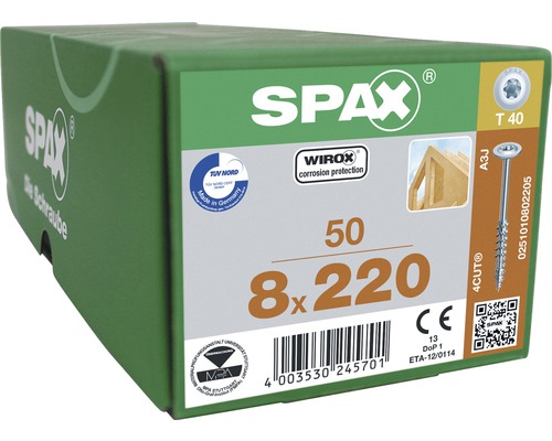 Spax Holzschraube Wirox Tellerkopf T40 Holz-Teilgewinde 8x220mm, Box 50 Stück Spax Schrauben 8x220, 50 Stück in grüner Verpackung