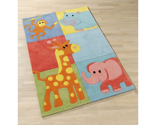 Kinderzimmerteppich mit Tiermotiven wie Affe, Nilpferd, Giraffe und Elefant