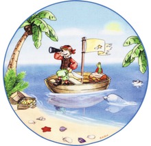 Runder Kinderteppich mit Piratenmotiv, Schatzinsel, Pirat, Boot, Palme und Meer