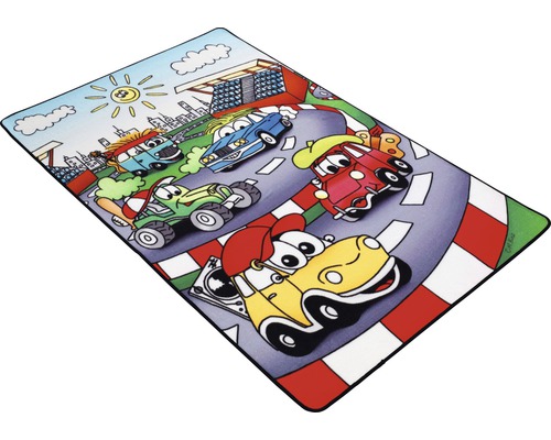 Spielteppich mit Cartoon-Autos auf Rennstrecke
