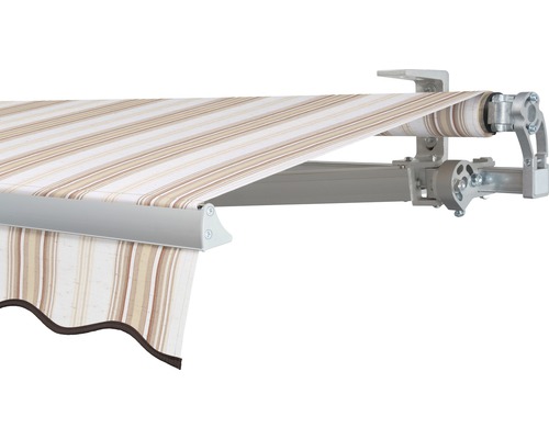 SOLUNA Gelenkarmmarkise Concept 3,5x2 Stoff Dessin 6171 Gestell Silber E6EV1 eloxiert Antrieb rechts inkl. Motor und Wandschalter Detailansicht einer Markise mit Streifenmuster und Aluminiumrahmen