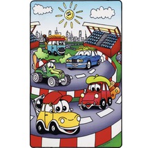 Cartoonbild mit Rennwagen auf einer Rennstrecke unter einer lachenden Sonne