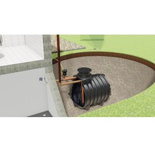Darstellung eines Regenwassertanks mit Rohren für die Gartenbewässerung