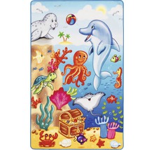 Teppich mit Meeresmotiven, darunter Delfin, Robbe, Schildkröte und Schatztruhe