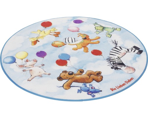 Runder Kinderteppich mit Tiermotiven und Luftballons