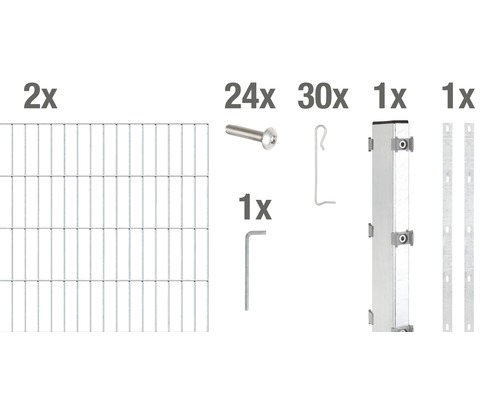 Komponenten für ein Regalsystem, bestehend aus zwei Gitterböden, 24 Schrauben, 30 Haken, einem Inbusschlüssel, einer Säule und zwei Halterungen