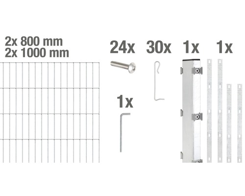 Komponenten für einen Zaun: zwei Gittermatten mit 800 mm und zwei mit 1000 mm Höhe, 24 Schrauben, 30 Haken, ein Pfosten, ein Inbusschlüssel und drei Montagebänder