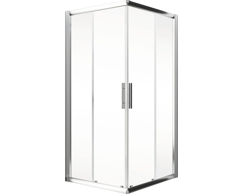 Eckdusche mit klaren Glastüren und silberfarbenem Rahmen
