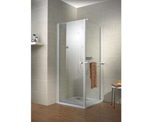 Eckdusche mit Glaswänden und Handtuchhalter im Badezimmer.