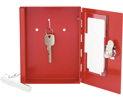 Geöffneter Schlüsselschrank mit Schlüssel und Hammer