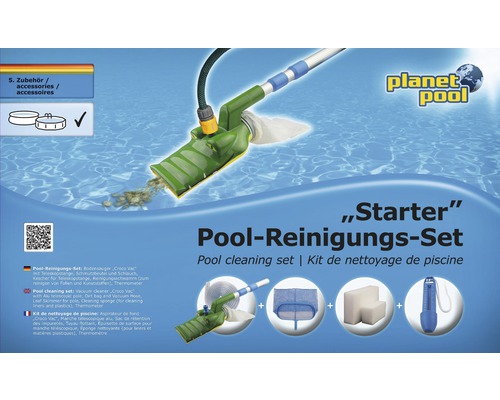 Poolreinigungsset klein Planet Pool Kunststoff inkl. Reinigungsschwamm, Thermometer, Kescher, Theleskopstange mit Coroc Vac