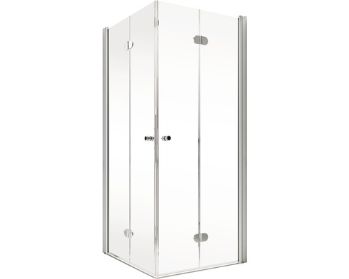 Eckdusche mit Klarglas und verchromten Profilen.