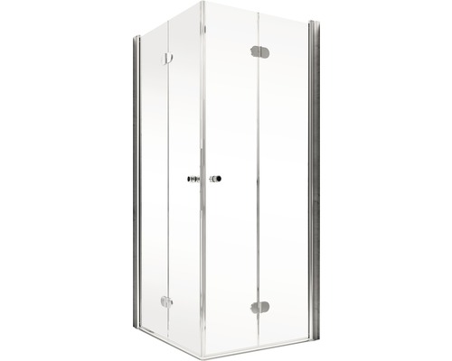 Eckdusche mit klaren Glaswänden und silberfarbenem Rahmen.
