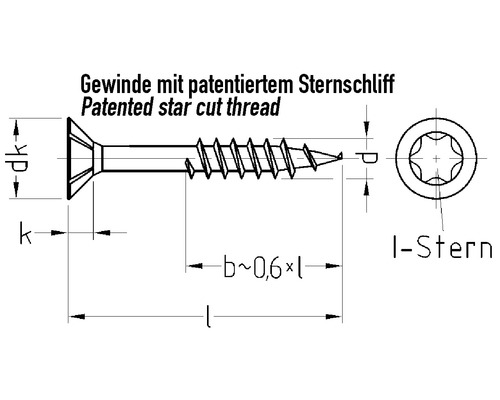Zeichnung einer Schraube mit patentiertem Sternschliff